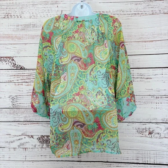 Figueroa & Flower Multicolor Paisley Sheer 3/4 Sleeve Blouse - Picture 7 of 14